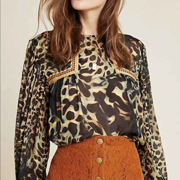 Nwt Anthropologie Joelle Leopard Peasant Blouse M